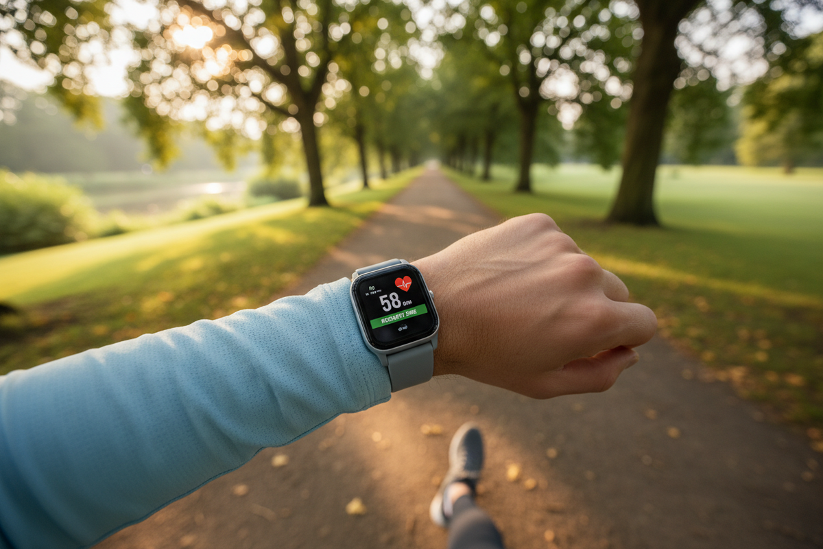 Person walking on a peaceful park path wearing a smartwatch displaying a low steady heart rate in the active recovery zone, illustrating how to use smartwatch heart rate alerts and HRV data to properly rest and recover between workouts