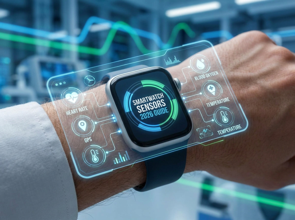 Smartwatch on wrist projecting a futuristic holographic interface of health sensors including heart rate, GPS, and blood oxygen around the text Smartwatch Sensors 2026 Guide