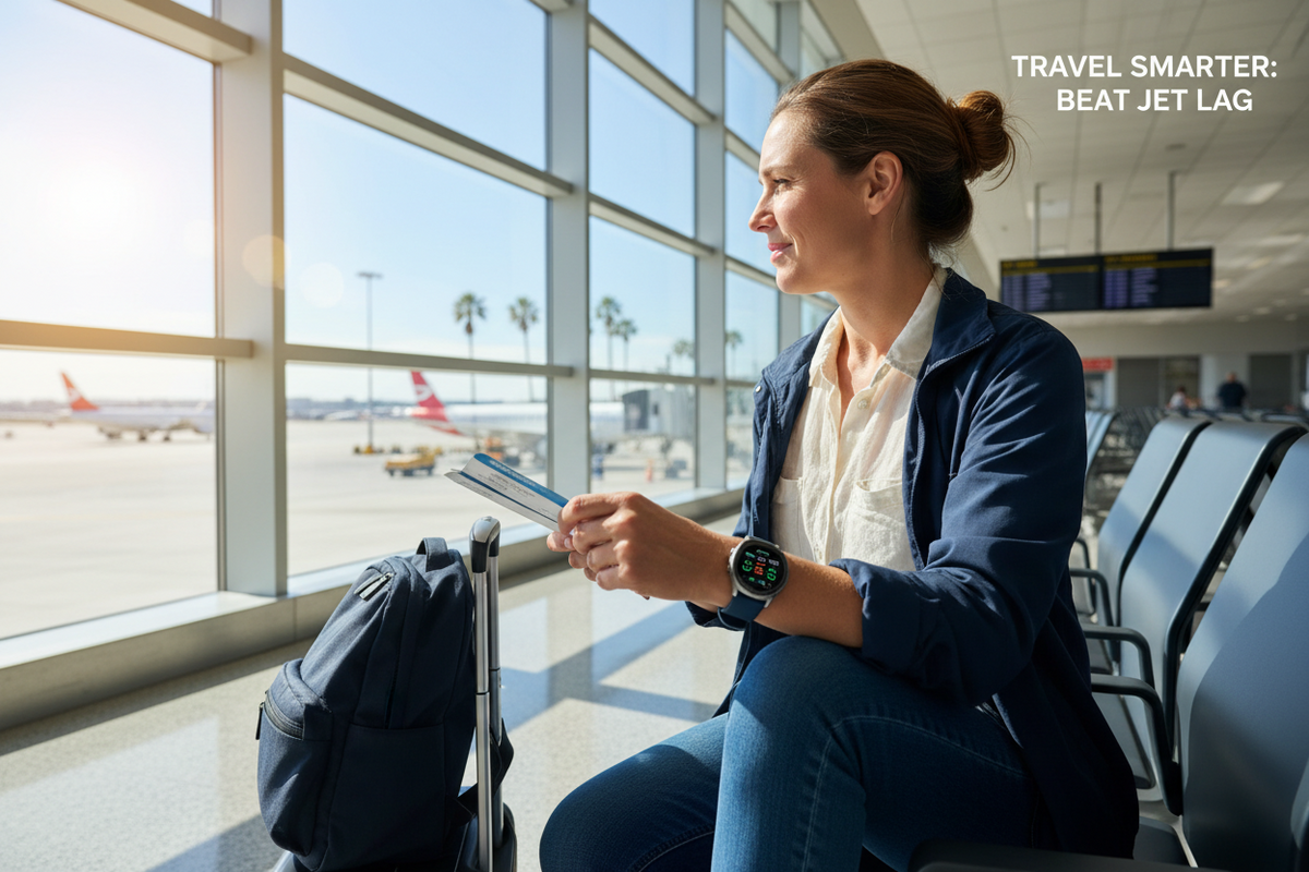 Traveler at an airport gate with luggage wearing a smartwatch displaying a jet lag recovery plan with local time and light exposure alerts, illustrating how to use smartwatch sleep tracking and HRV data to beat jet lag when flying east or west
